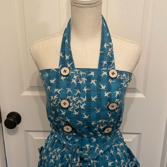 Trovata Blue & White Bird Print Cotton Halter Sundress - Picture 2 of 7